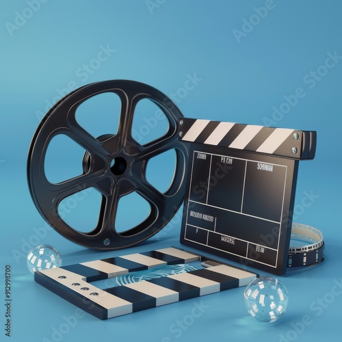 3D depiction of a cinema film strip, reel, and clapper board against a blue background, symbolizing