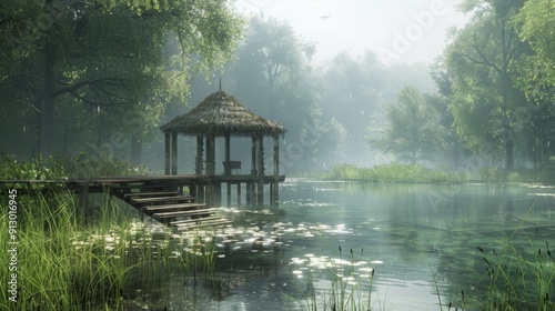 Peaceful Lakeside Gazebo in a Misty Forest