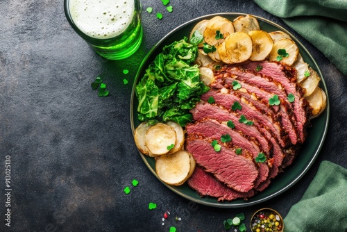 Succulent corned beef dinner with potatoes kale for St. Patrick's Day