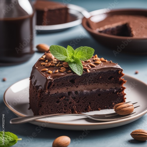 Moist chocolate cake with glossy frosting and crushed nuts on a white plate.