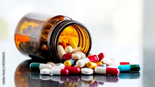 Open amber bottle tipped over with a colorful variety of pills and capsules spilling out, set on a sleek, modern surface, depicting healthcare and medication themes