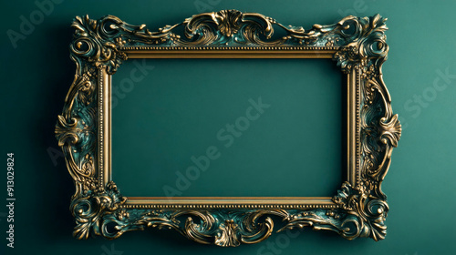 Empty ornate gold antique picture frame on a green wall offers space for your own message