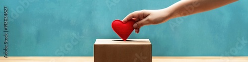 Heart Donation. Concept of Love and Charity with Hand Putting Red Heart Symbol into Donation Box