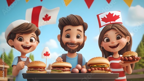 Cartoon family having a barbecue for Canada Day with burgers hot dogs and a Canadian flag