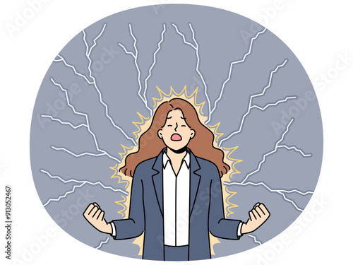 Young angry woman stands among lightning bolts and is nervous about problems affecting profit of company. Angry businesswoman closes eyes and clenches fists feeling hatred and annoyance