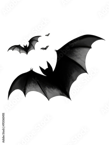 A dark, shadowy bat with large wings spread wide, flying against a black background.