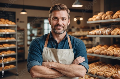 Portrait of confident male baker standing with arms crossed in bakery shop