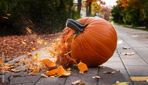 A fall pumpkin smashed on the sidewalk outside, autumn trees in the background, 