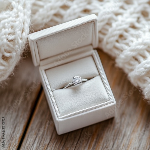 Elegant engagement ring in white box, close up of diamond jewelry, knitted napkin, proposing concept