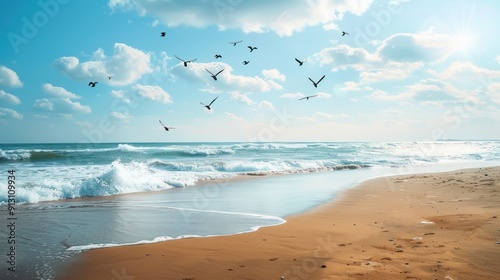 Peaceful Beachscape with Birds in Flight