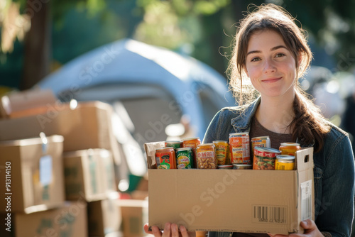 Smiling volunteer holding cardboard box full of canned food for donation to a food bank