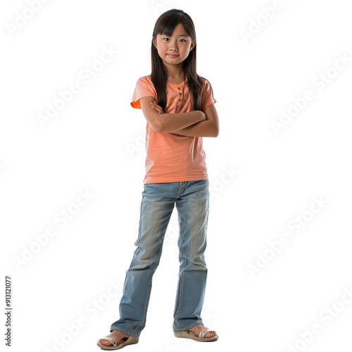 Young girl is standing with her arms crossed, showing a sense of confidence and determination