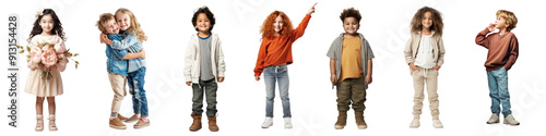 Diverse happy kid standing full body png cut out element set