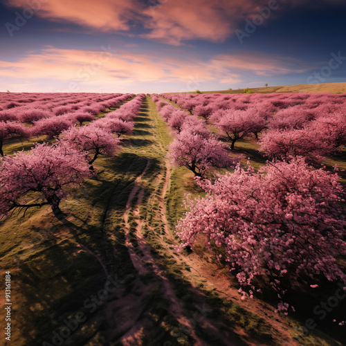 A picturesque scene of pink blossoms blooming abundantly in a lush green field under a clear blue sky.