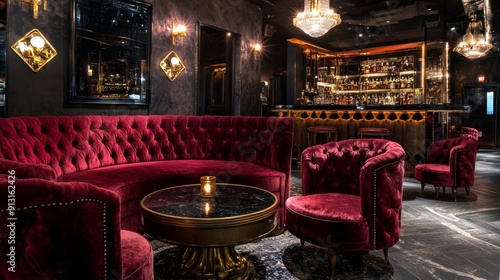 Luxurious velvet red sofa in elegant vintage bar interior, Sophisticated furniture