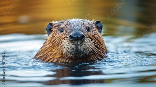 Eurasian beaver swimming in a lake