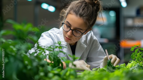 A young female botanist in a lab coat examines plants closely in a well-lit greenhouse setting