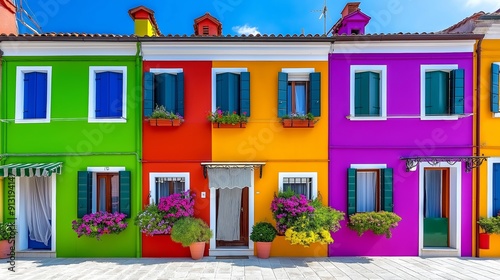 A row of colorful houses with green shutters and white trim. The houses are painted in different colors, including green, yellow, and red. The houses are surrounded by potted plants and flowers