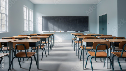 School classroom with desks and blackboard.