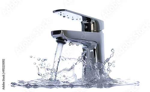 Modern chrome faucet with flowing water and splashing drops, cut out