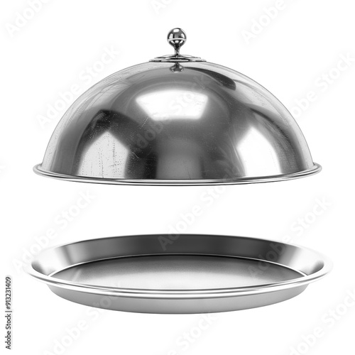 Silver serving cloche raised above empty golden plate, cut out