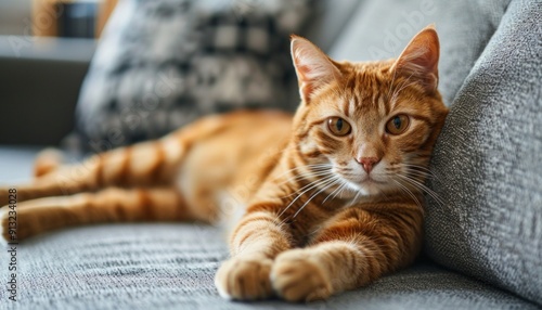 Ginger cat is lying on a grey sofa, enjoying a moment of peace and tranquility