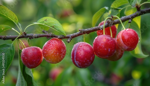 Close-up of delicious mirabelle plums ripening on a tree branch in an orchard