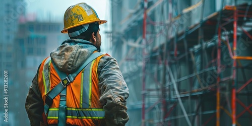 latino construction worker, construction site background 