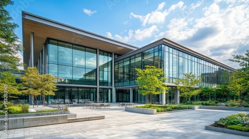 Modern Glass Office Building with Landscaping