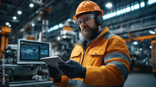 Industrial worker wearing protective gear, including a hard hat, safety glasses, and earmuffs, uses a tablet in a factory with machinery and a computer screen in the background.