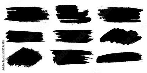 Set of abstract horizontal grunge background templates. Vector black spots with jagged edges. Hand drawn brush strokes isolated on white. For text, advertising, texture design.