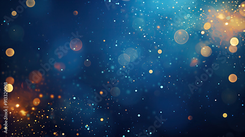 abstract blurred bokeh of holiday lights over dark blue background.