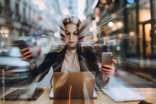 A businesswoman multitasking with a smartphone and laptop, showcasing adaptability in a fast-paced environment