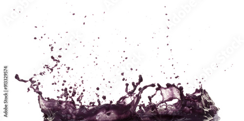 Grape acai purple Juice pouring and splash as crown water. Grape acai purple Juice explode bubble splash in mid air. Purple liquid element water. White background isolated photography