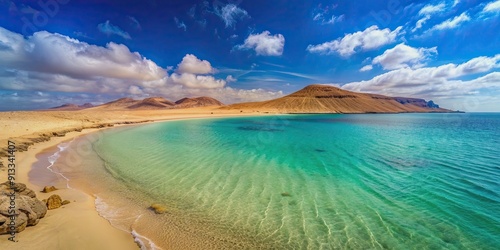 Sandy beach with calm turquoise waters and views of La Isleta peninsula, Las Canteras beach, Las Palmas