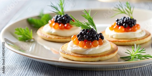 An elegant canap? with caviar, cr?me fra?che, and dill on a blini on a porcelain plate, canap?, elegant, caviar, cr?me fra?che