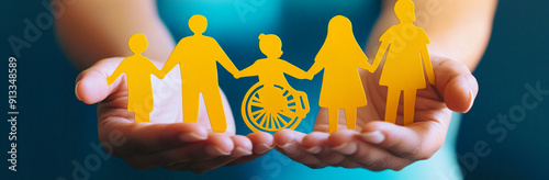 A pair of hands holding yellow paper cutouts representing people, including one person in a wheelchair and another with a child symbol on it. Ensuring Workplace Inclusivity through Diverse Hiring