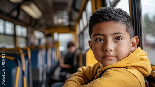 latino boy sitting on the school bus, prepared for his first day of school