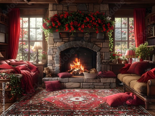 Cozy and Rustic Fireplace Scene with Comfortable Seating and Warm Ambiance