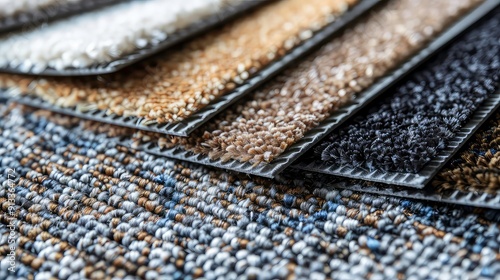 A close up of different types of carpet samples, with a variety of colours and textures. The samples are laid out on top of each other and are lit from the side.