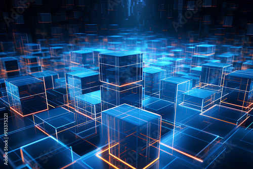 3D illustration virtual structure of cyberspace of extruded cubes on the background of modern data center with blue backlight