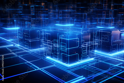 3D illustration virtual structure of cyberspace of extruded cubes on the background of modern data center with blue backlight