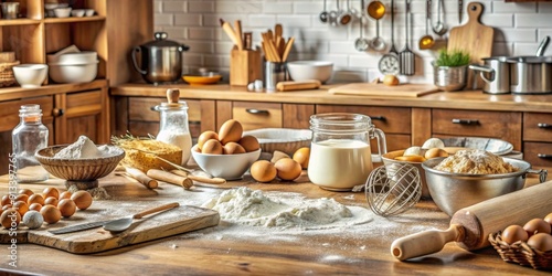 Messy ingredients scattered on the kitchen counter while baking , messy, chaotic, kitchen, cooking, ingredients, flour