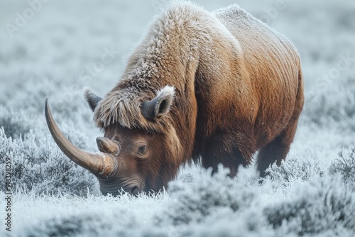 Portrait of a woolly rhinoceros grazing on sparse vegetation in the frozen wilderness, with its horn covered in frost. High-resolution, detailed textures, crisp focus