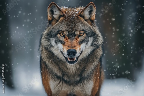 Portrait of a dire wolf standing alert in the snowy forest, with sharp teeth and focused eyes. High-resolution, detailed textures, crisp focus