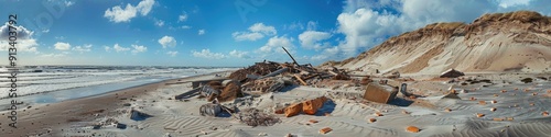 Debris from construction scattered amid the dunes by the seashore