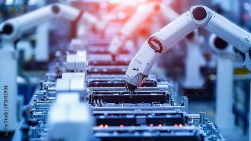 The electric car battery manufacturing line features industrial robot arms assembling lithiumion EV battery packs inside an automotive smart factory with white robotic arms at the