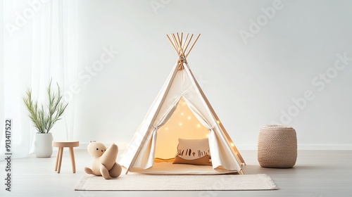 Cozy children's tent with soft toys and serene decor, perfect for playtime or relaxation in a bright, airy room.