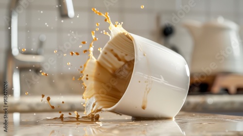 A cup spills coffee onto a kitchen counter, creating a messy splash