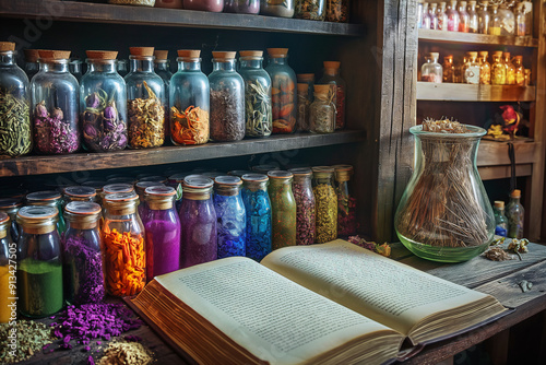 A witch's apothecary filled with jars of colorful potions and dried herbs. A large book of spells lies open on a table, casting an otherworldly light. 